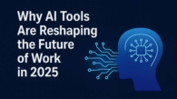 Futuristic AI and human collaboration graphic showing how artificial intelligence tools reshape the future of work in 2025.